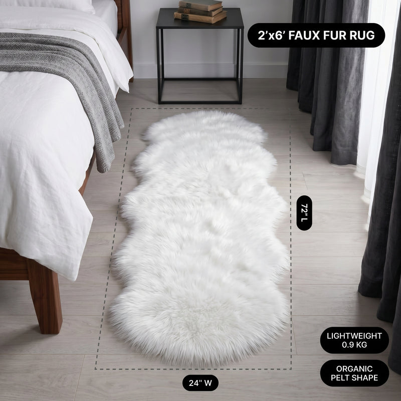 Faux fur area rug with a coffee mug on top, highlighting the 2.36-inch ultra-plush pile and lightweight design