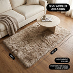 Faux fur area rug with a coffee mug on top, highlighting the 2.36-inch ultra-plush pile and lightweight design