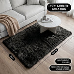 Faux fur area rug with a coffee mug on top, highlighting the 2.36-inch ultra-plush pile and lightweight design