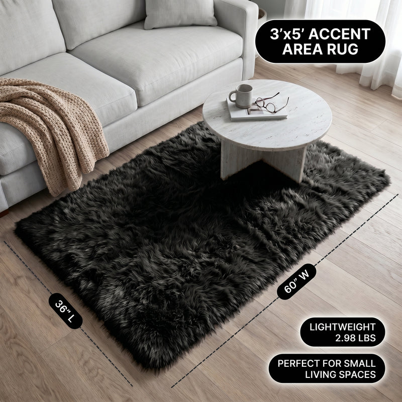 Faux fur area rug with a coffee mug on top, highlighting the 2.36-inch ultra-plush pile and lightweight design