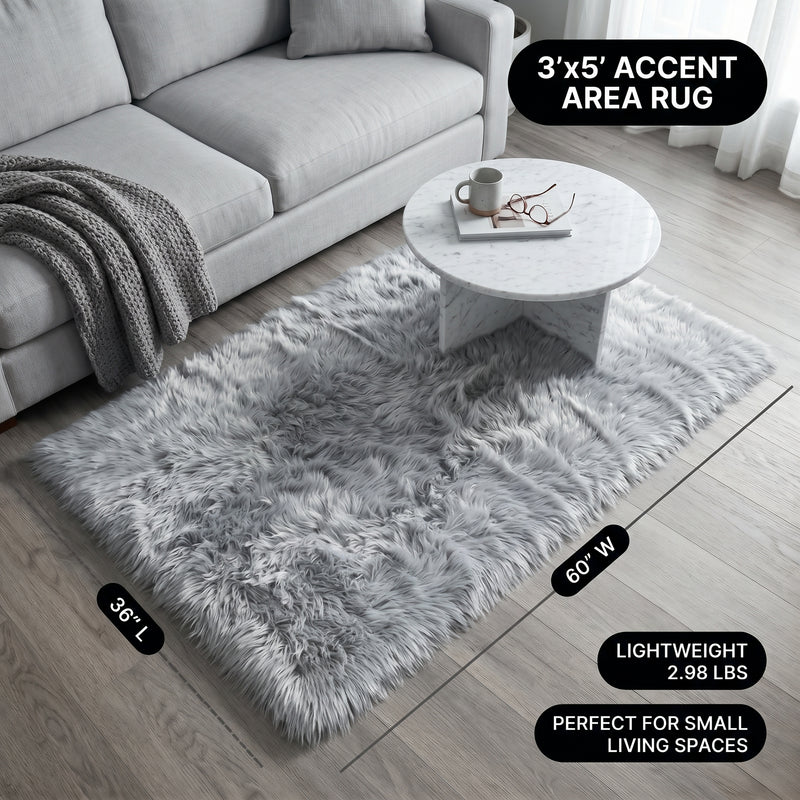 Faux fur area rug with a coffee mug on top, highlighting the 2.36-inch ultra-plush pile and lightweight design