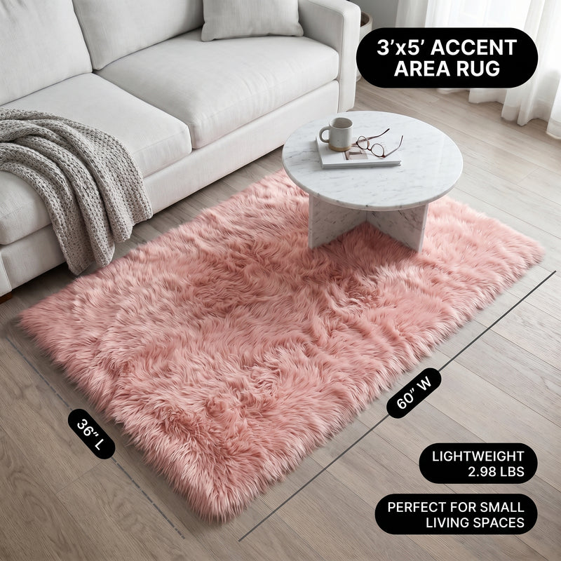 Faux fur area rug with a coffee mug on top, highlighting the 2.36-inch ultra-plush pile and lightweight design