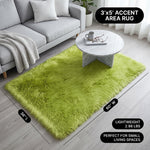 Faux fur area rug with a coffee mug on top, highlighting the 2.36-inch ultra-plush pile and lightweight design