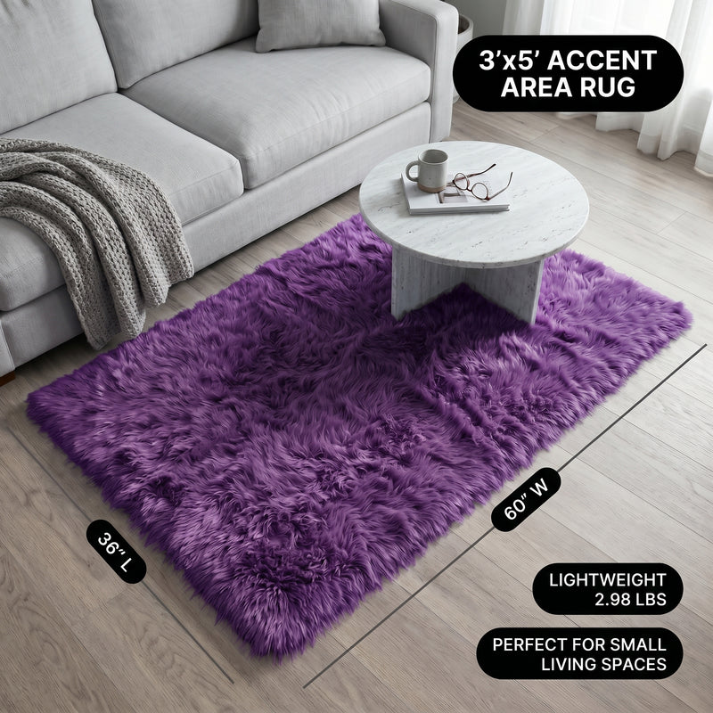 Faux fur area rug with a coffee mug on top, highlighting the 2.36-inch ultra-plush pile and lightweight design