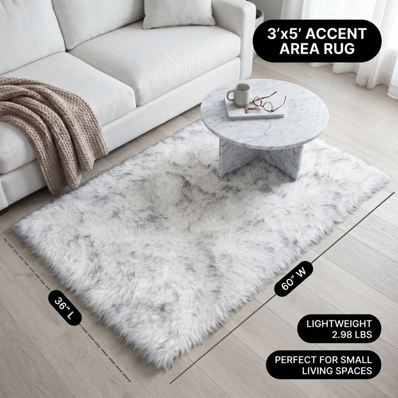 Faux fur area rug with a coffee mug on top, highlighting the 2.36-inch ultra-plush pile and lightweight design