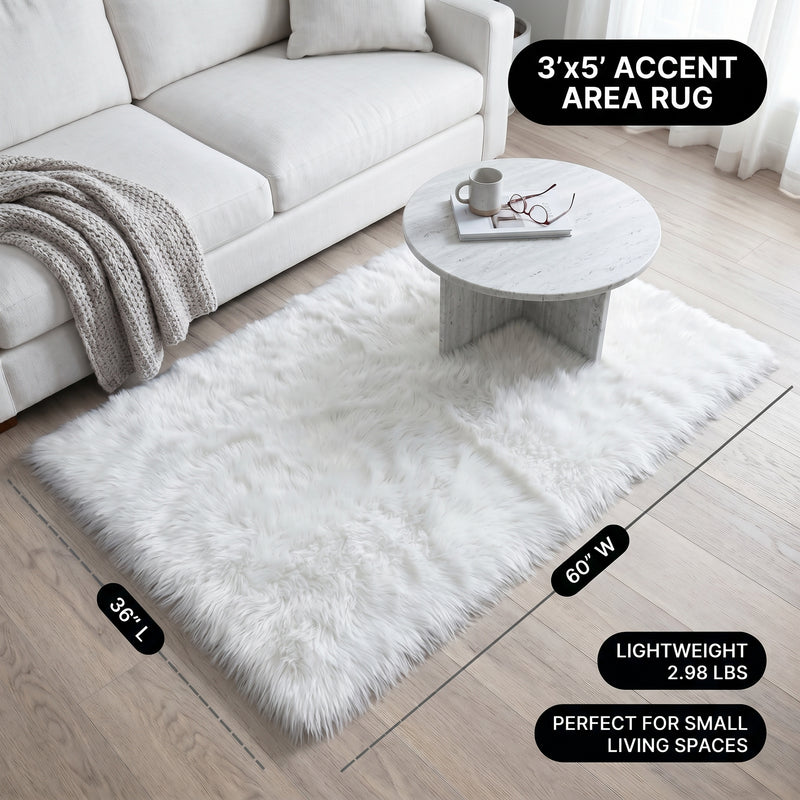 Faux fur area rug with a coffee mug on top, highlighting the 2.36-inch ultra-plush pile and lightweight design