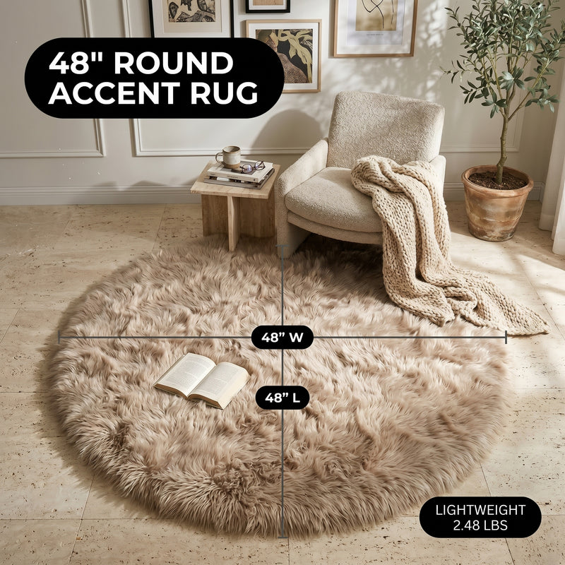 Faux fur area rug with a coffee mug on top, highlighting the 2.36-inch ultra-plush pile and lightweight design