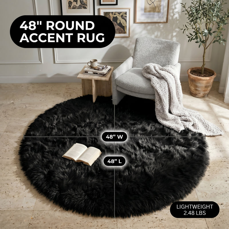 Faux fur area rug with a coffee mug on top, highlighting the 2.36-inch ultra-plush pile and lightweight design