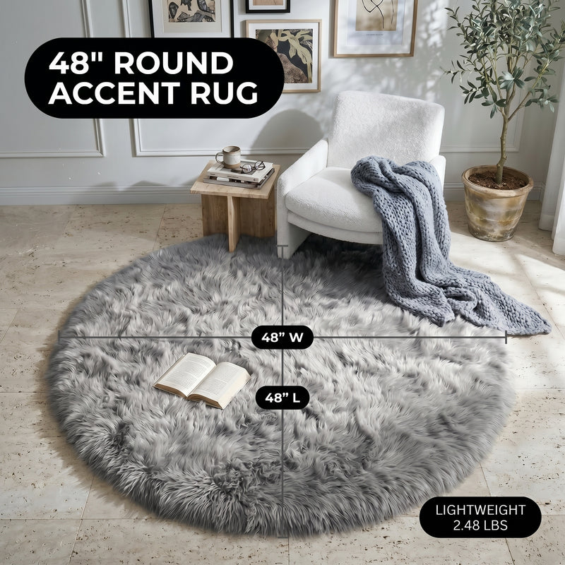 Faux fur area rug with a coffee mug on top, highlighting the 2.36-inch ultra-plush pile and lightweight design
