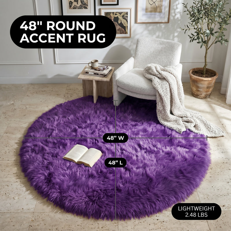 Faux fur area rug with a coffee mug on top, highlighting the 2.36-inch ultra-plush pile and lightweight design
