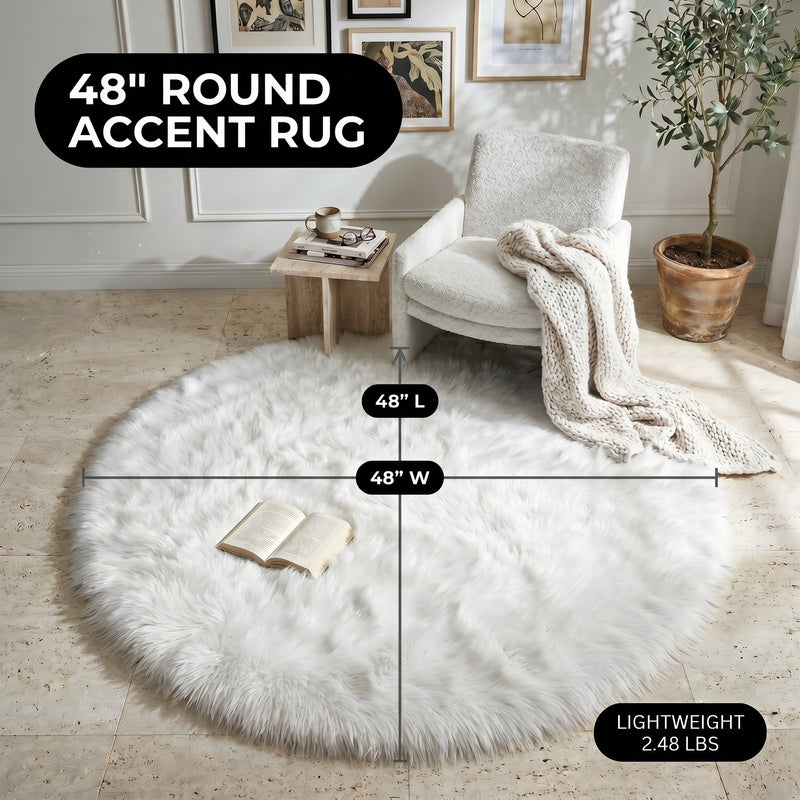 Faux fur area rug with a coffee mug on top, highlighting the 2.36-inch ultra-plush pile and lightweight design