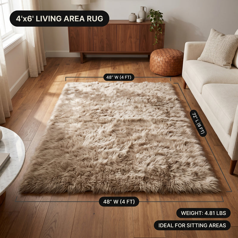 Faux fur area rug with a coffee mug on top, highlighting the 2.36-inch ultra-plush pile and lightweight design