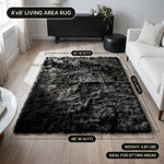 Faux fur area rug with a coffee mug on top, highlighting the 2.36-inch ultra-plush pile and lightweight design