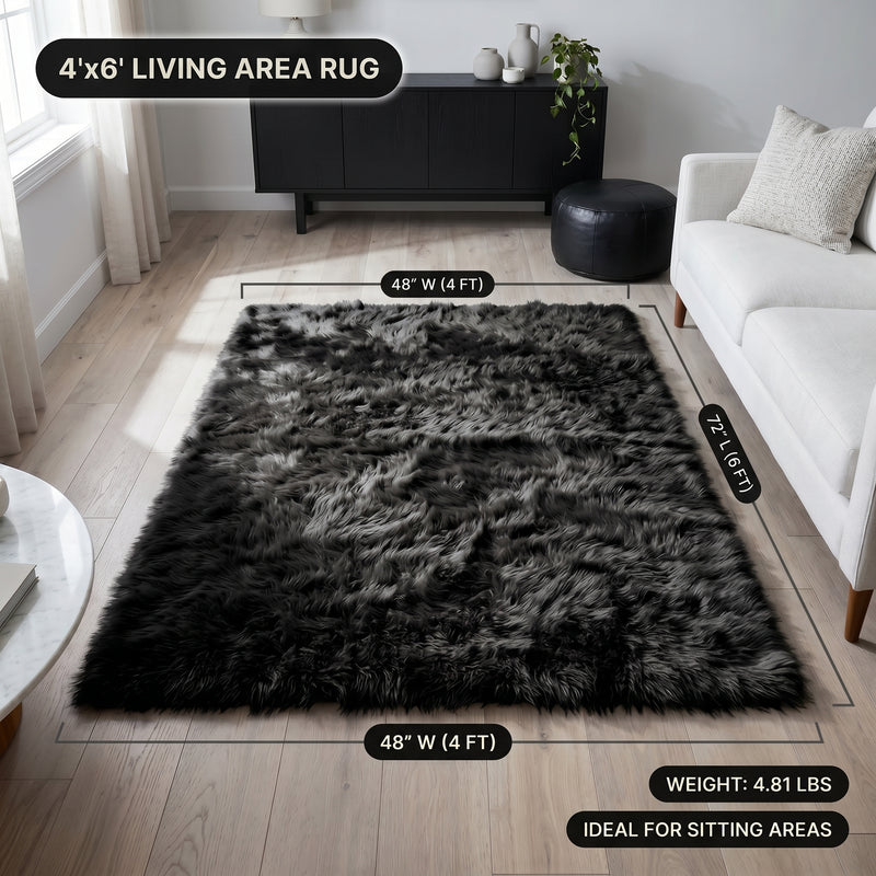 Faux fur area rug with a coffee mug on top, highlighting the 2.36-inch ultra-plush pile and lightweight design