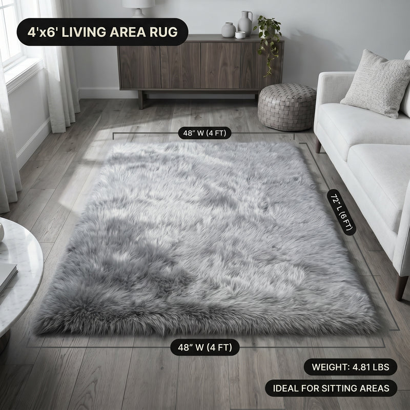 Faux fur area rug with a coffee mug on top, highlighting the 2.36-inch ultra-plush pile and lightweight design