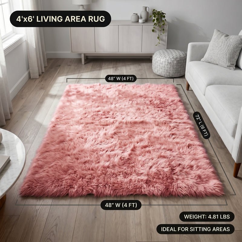 Faux fur area rug with a coffee mug on top, highlighting the 2.36-inch ultra-plush pile and lightweight design