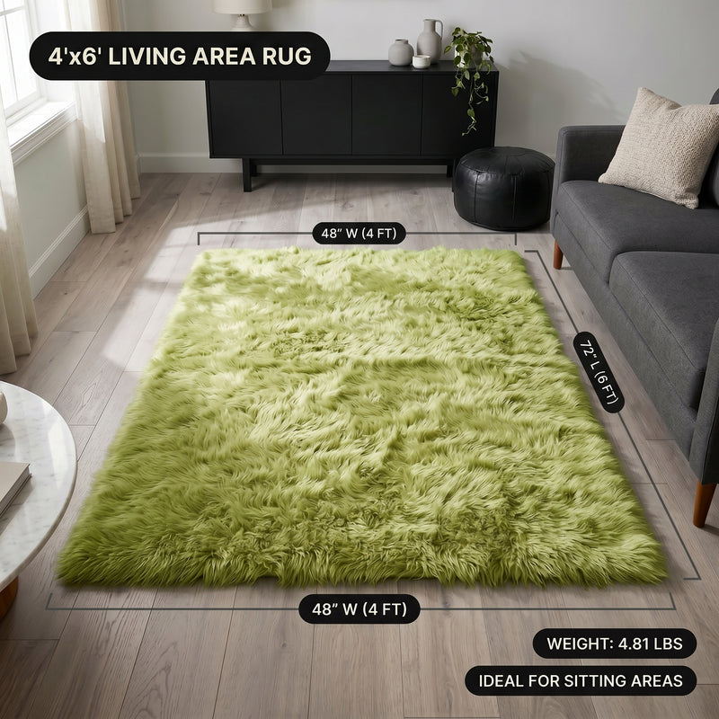 Faux fur area rug with a coffee mug on top, highlighting the 2.36-inch ultra-plush pile and lightweight design