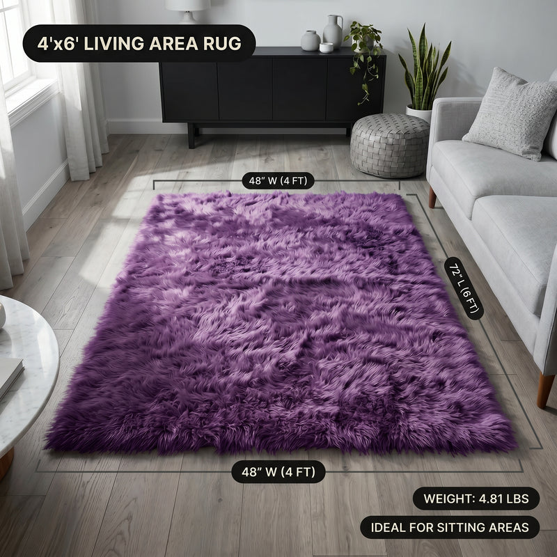 Faux fur area rug with a coffee mug on top, highlighting the 2.36-inch ultra-plush pile and lightweight design