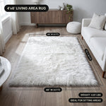 Faux fur area rug with a coffee mug on top, highlighting the 2.36-inch ultra-plush pile and lightweight design