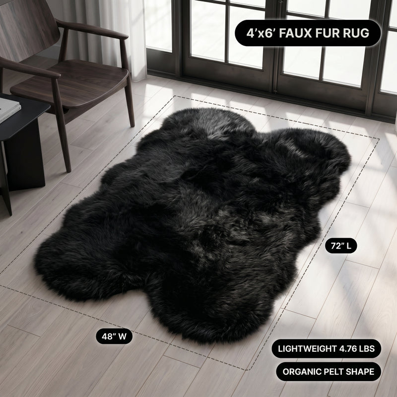 Faux fur area rug with a coffee mug on top, highlighting the 2.36-inch ultra-plush pile and lightweight design