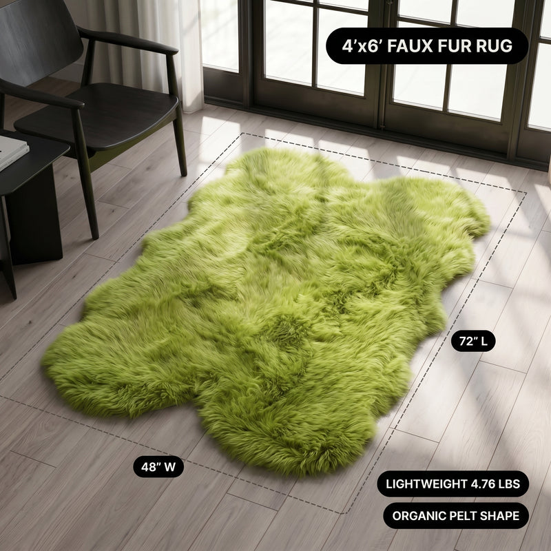 Faux fur area rug with a coffee mug on top, highlighting the 2.36-inch ultra-plush pile and lightweight design
