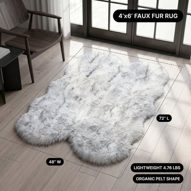 Faux fur area rug with a coffee mug on top, highlighting the 2.36-inch ultra-plush pile and lightweight design