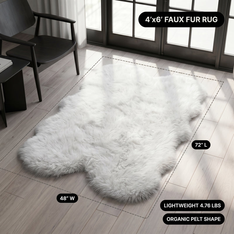 Faux fur area rug with a coffee mug on top, highlighting the 2.36-inch ultra-plush pile and lightweight design