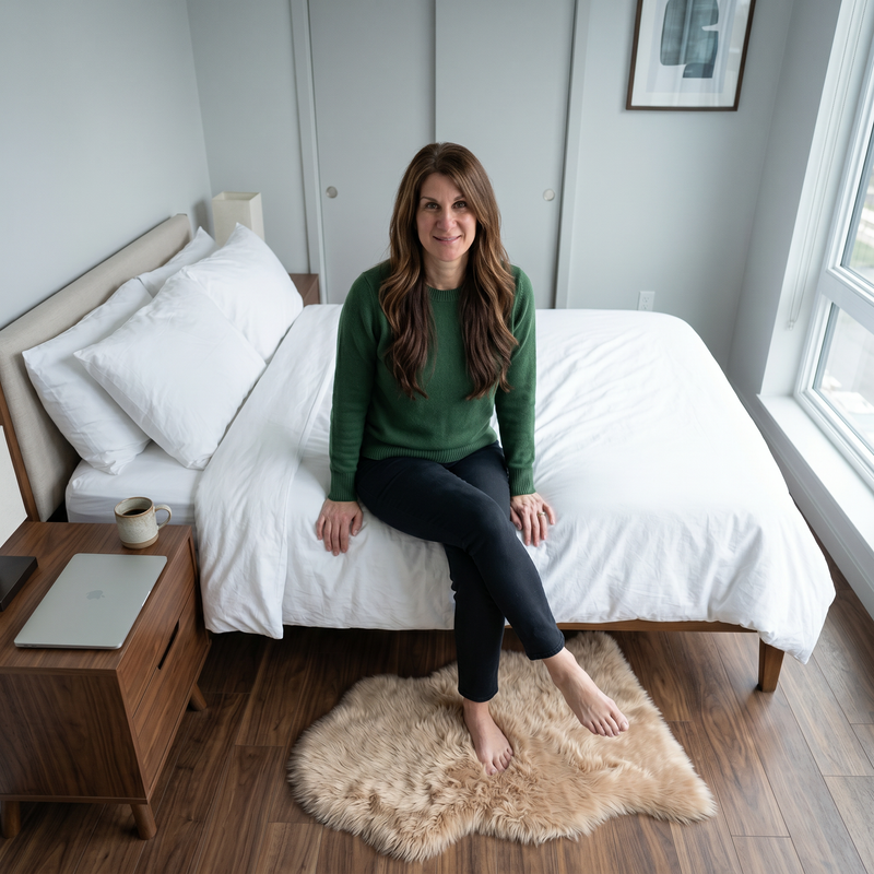 Faux fur sheepskin rug on a closet floor with a woman standing barefoot while reaching for a hanger