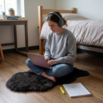 Faux fur sheepskin rug on a closet floor with a woman standing barefoot while reaching for a hanger
