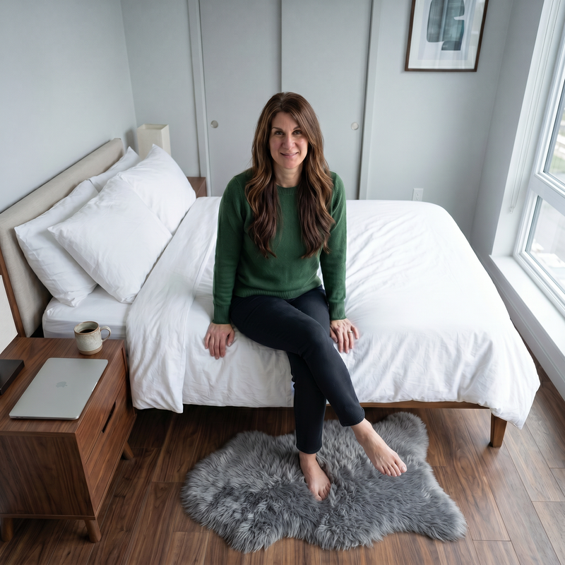 Faux fur sheepskin rug on a closet floor with a woman standing barefoot while reaching for a hanger