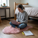 Faux fur sheepskin rug on a closet floor with a woman standing barefoot while reaching for a hanger