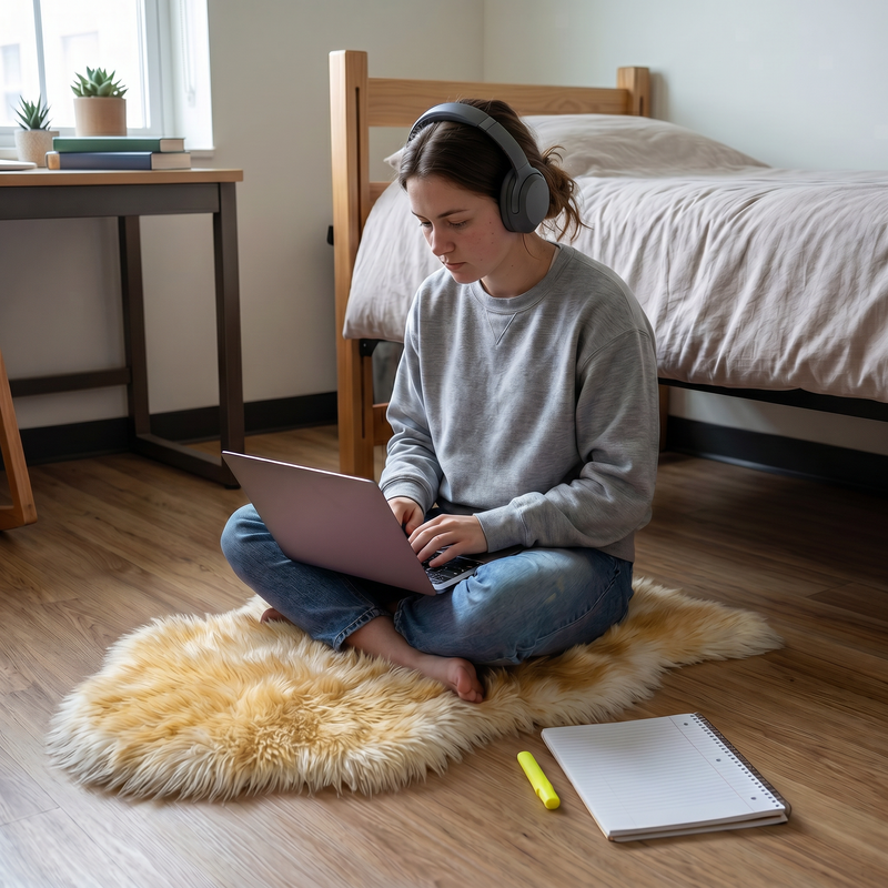 Faux fur sheepskin rug on a closet floor with a woman standing barefoot while reaching for a hanger
