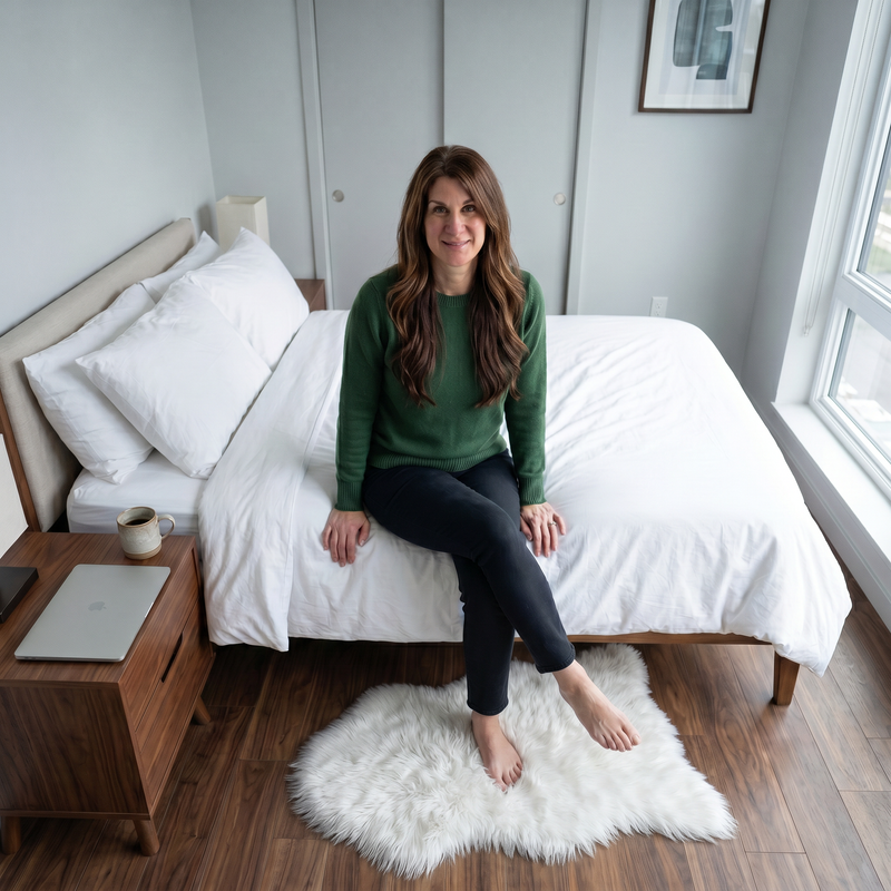 Faux fur sheepskin rug on a closet floor with a woman standing barefoot while reaching for a hanger