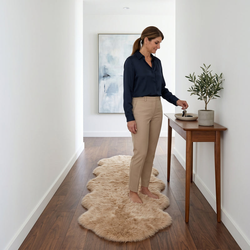 Faux fur sheepskin rug on a closet floor with a woman standing barefoot while reaching for a hanger