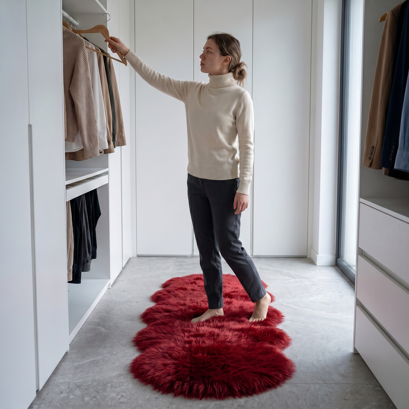 Faux fur sheepskin rug on a closet floor with a woman standing barefoot while reaching for a hanger