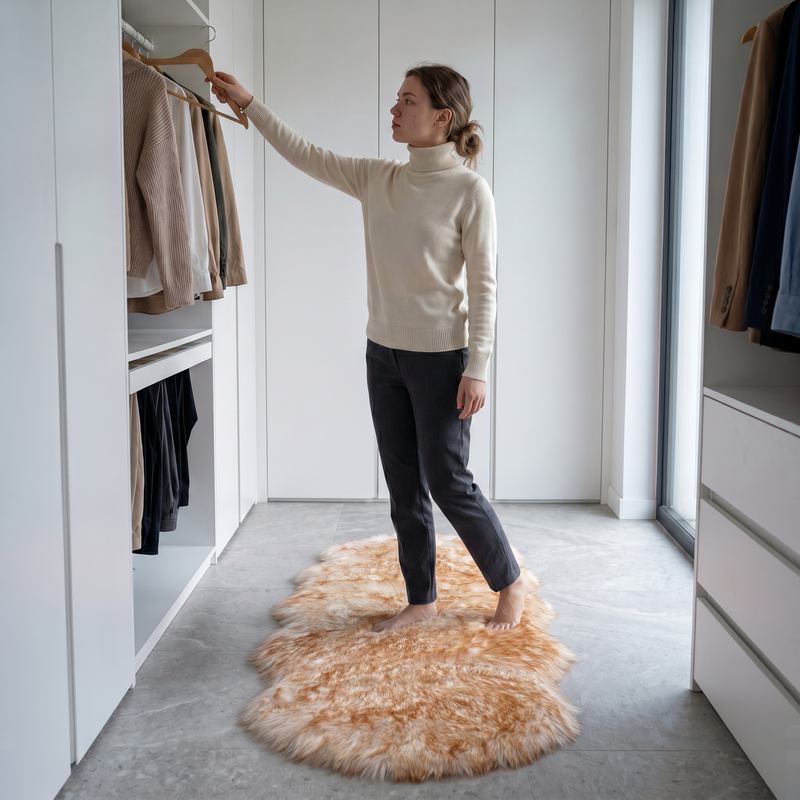 Faux fur sheepskin rug on a closet floor with a woman standing barefoot while reaching for a hanger