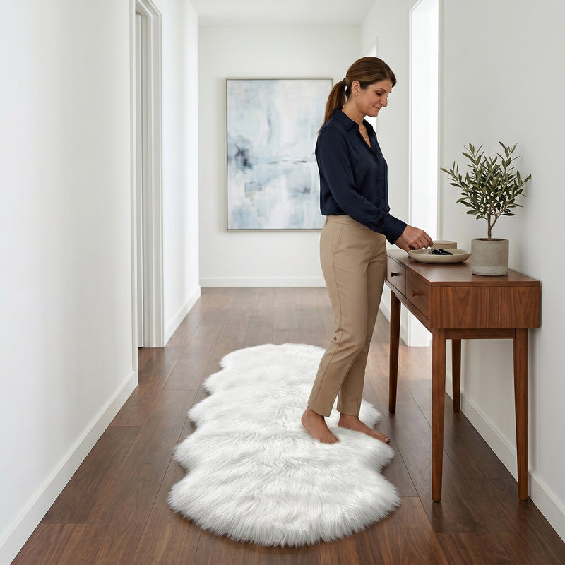 Faux fur sheepskin rug on a closet floor with a woman standing barefoot while reaching for a hanger