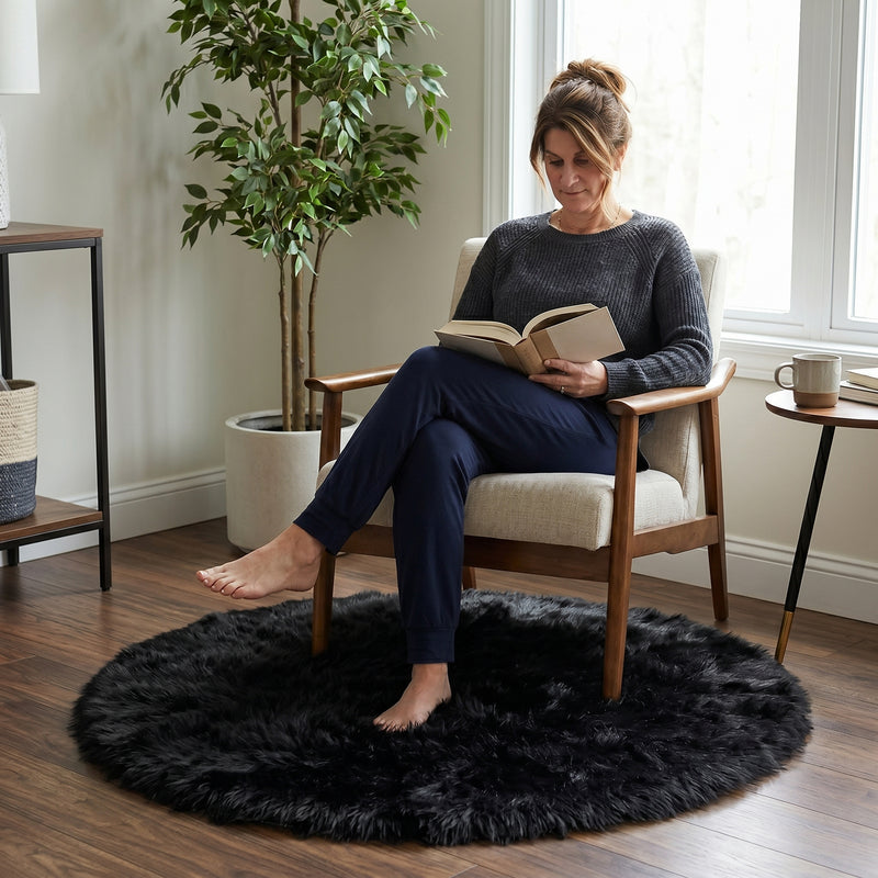 Faux fur sheepskin rug on a closet floor with a woman standing barefoot while reaching for a hanger