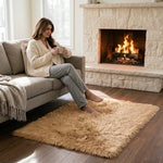 Faux fur sheepskin rug on a closet floor with a woman standing barefoot while reaching for a hanger