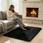 Faux fur sheepskin rug on a closet floor with a woman standing barefoot while reaching for a hanger