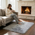 Faux fur sheepskin rug on a closet floor with a woman standing barefoot while reaching for a hanger