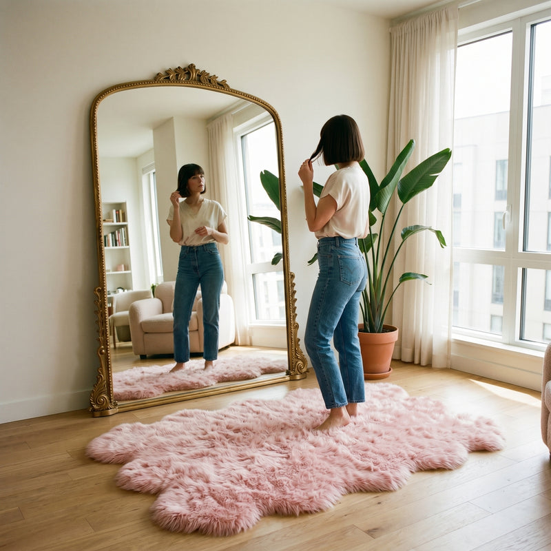 Faux fur sheepskin rug on a closet floor with a woman standing barefoot while reaching for a hanger