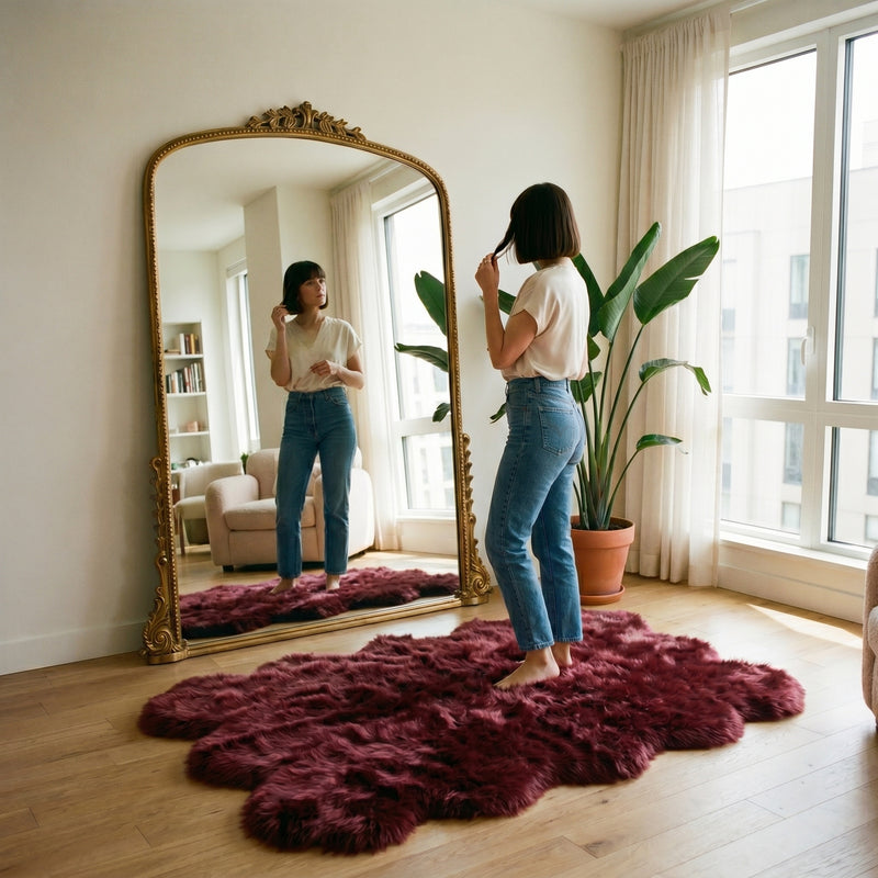 Faux fur sheepskin rug on a closet floor with a woman standing barefoot while reaching for a hanger