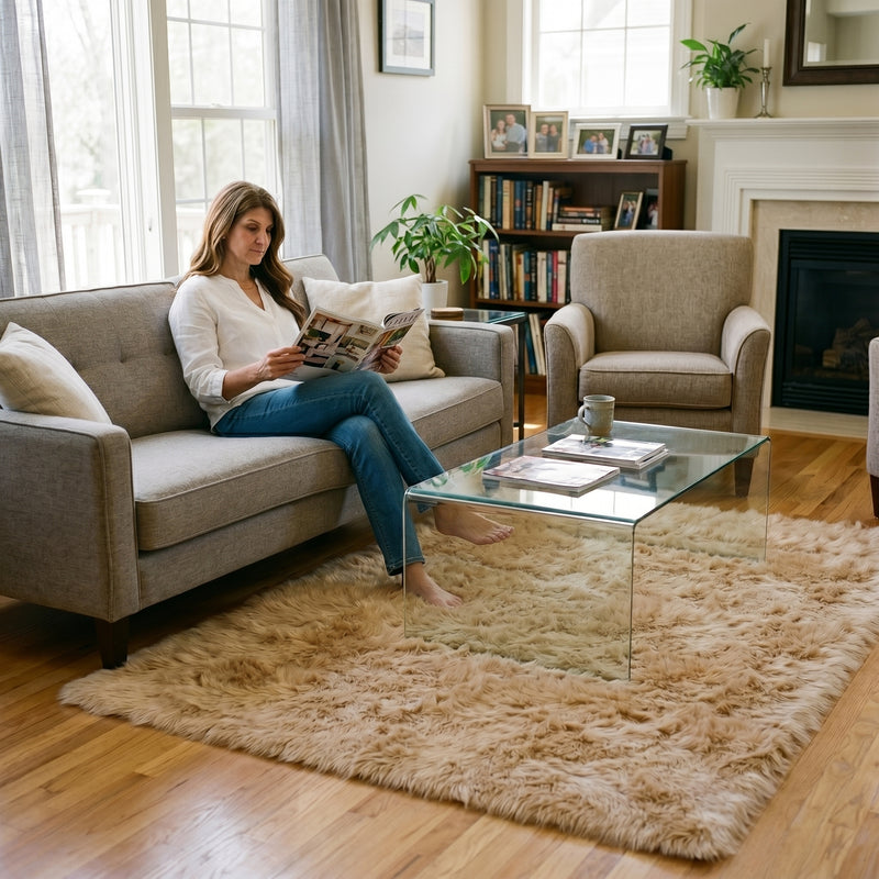 Faux fur sheepskin rug on a closet floor with a woman standing barefoot while reaching for a hanger