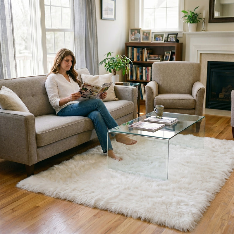 Faux fur sheepskin rug on a closet floor with a woman standing barefoot while reaching for a hanger