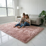 Faux fur sheepskin rug on a closet floor with a woman standing barefoot while reaching for a hanger