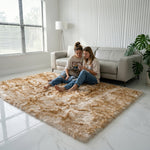Faux fur sheepskin rug on a closet floor with a woman standing barefoot while reaching for a hanger