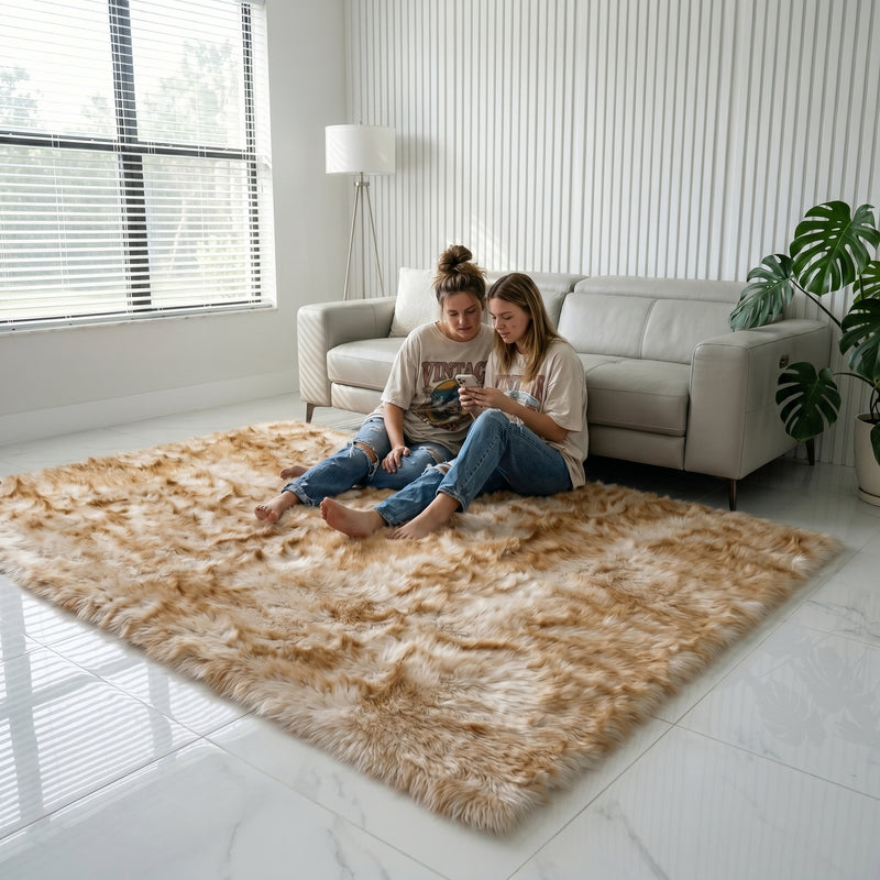 Faux fur sheepskin rug on a closet floor with a woman standing barefoot while reaching for a hanger