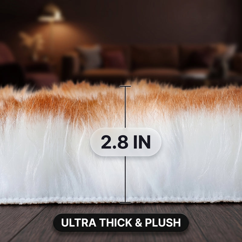 Close-up of the faux fur pile showing its 2.8-inch thickness against a hardwood floor