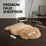 Faux fur sheepskin rug runner at the foot of a bed, labeled 72 inches long by 24 inches wide with slippers resting on top